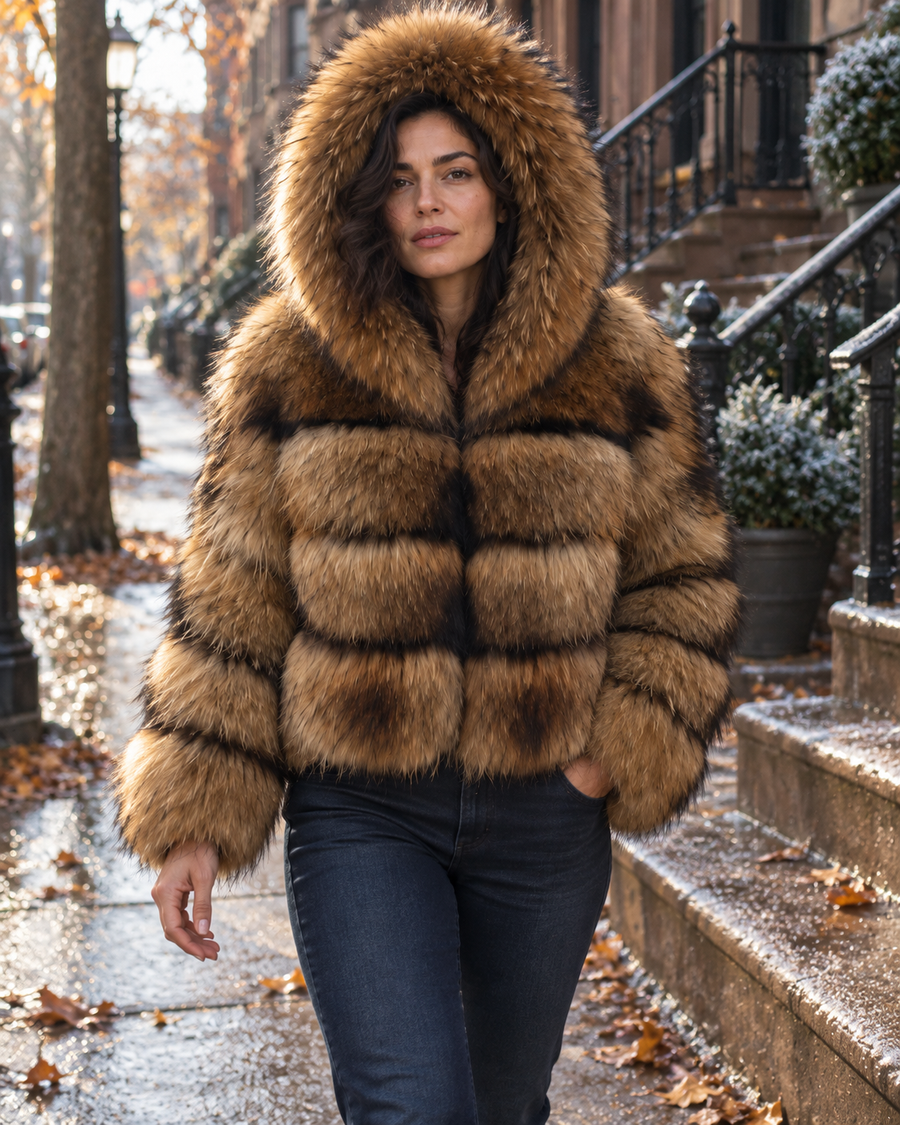Natural hooded Asiatic Raccoon Fur Coat — brownstone styling