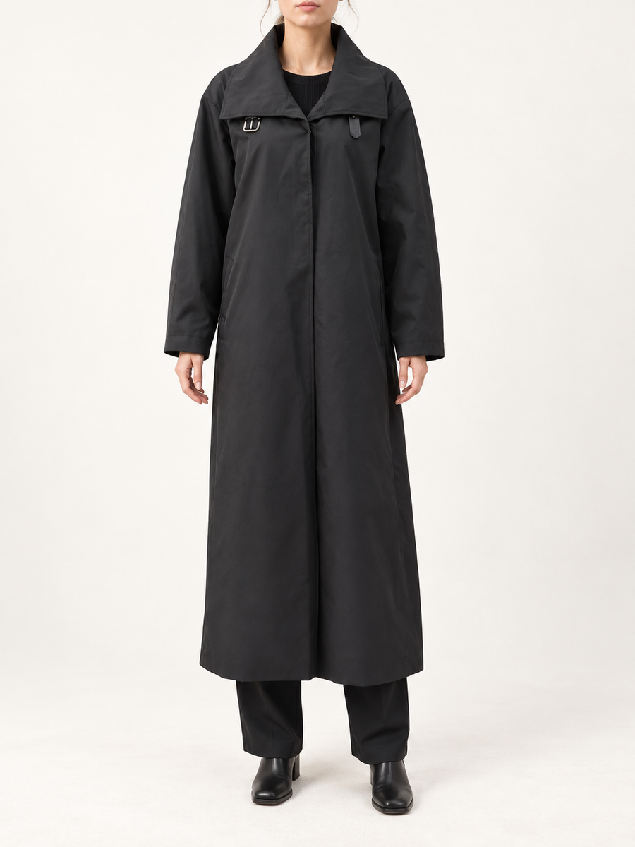 Black long high-collar trench coat, front view