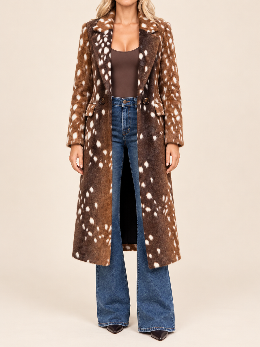 Brown deer-print long faux-fur coat, front view