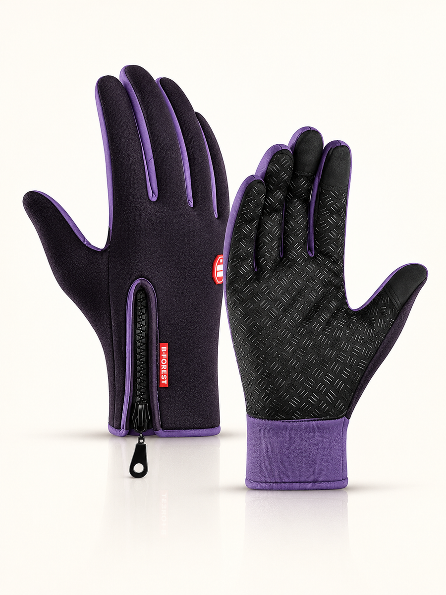 Purple thermal gloves, back-of-hand and palm views, front view