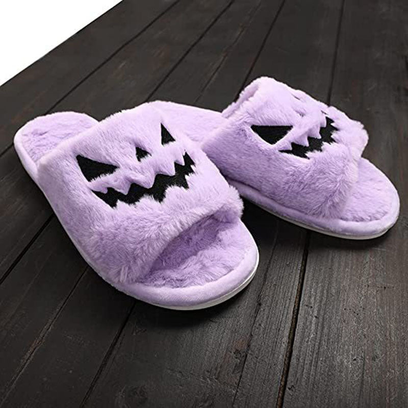 Jack-o'-Lantern Halloween Slippers — Cozy Plush Open-Toe Slides for Women