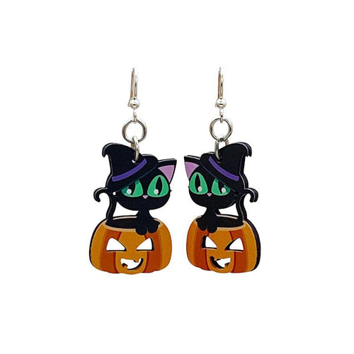 Black Cat & Pumpkin Wooden Earrings, view 2
