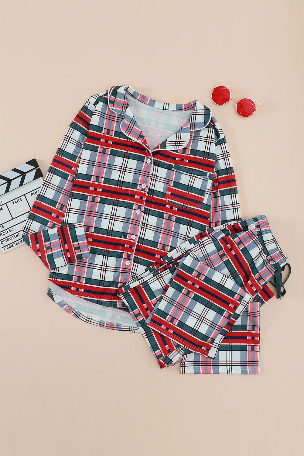 Red Plaid Christmas Pajama Set — Button-Down Top & Pants for Women