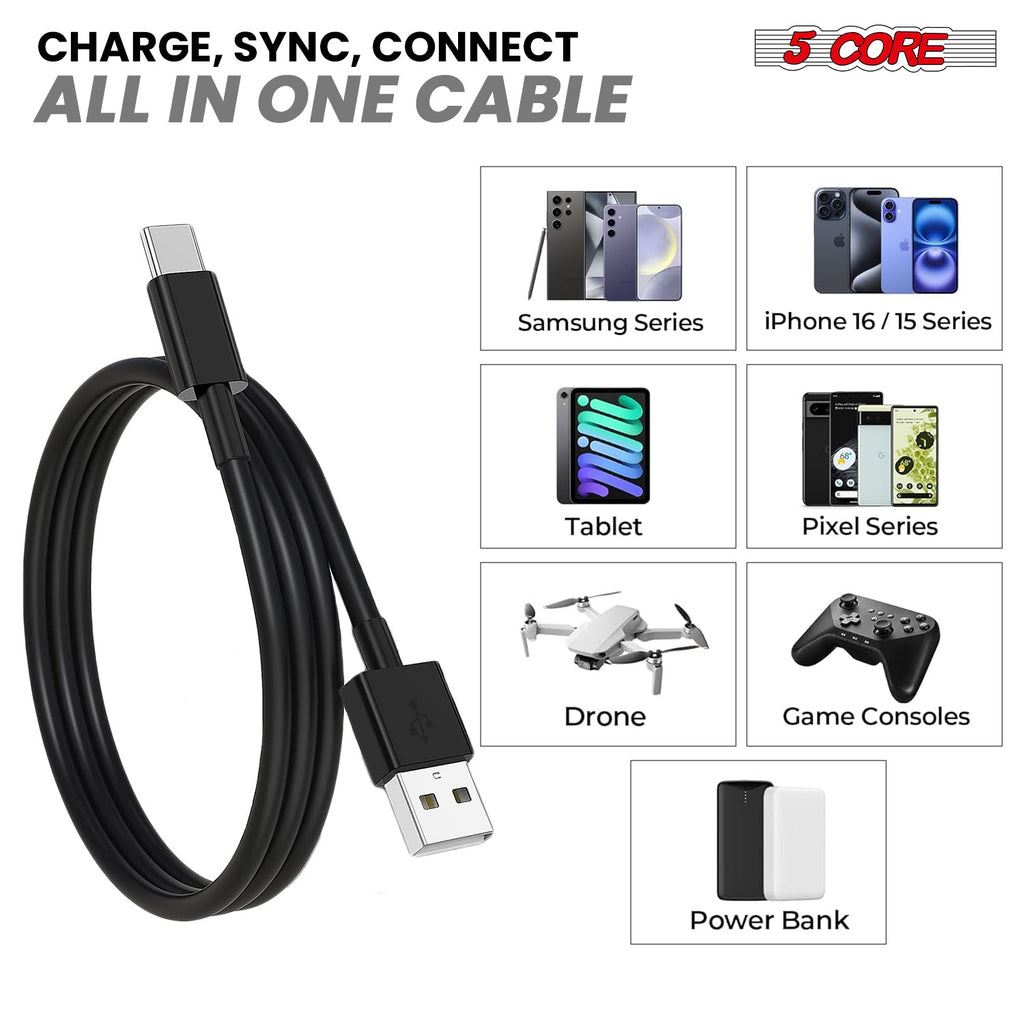5Core USB-A to USB-C Charging Cables — 5-Pack, Black