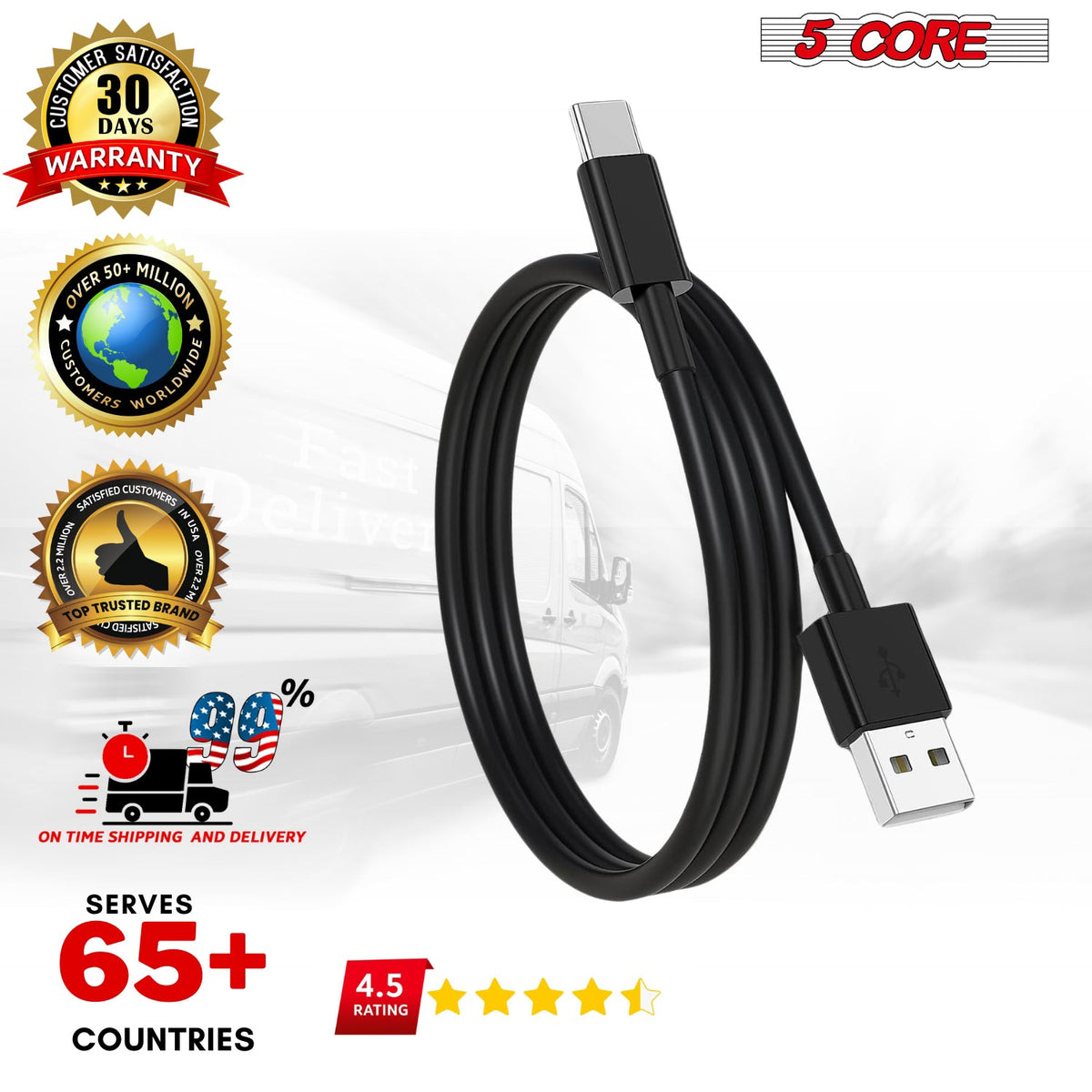 5Core USB-A to USB-C Charging Cables — 5-Pack, Black