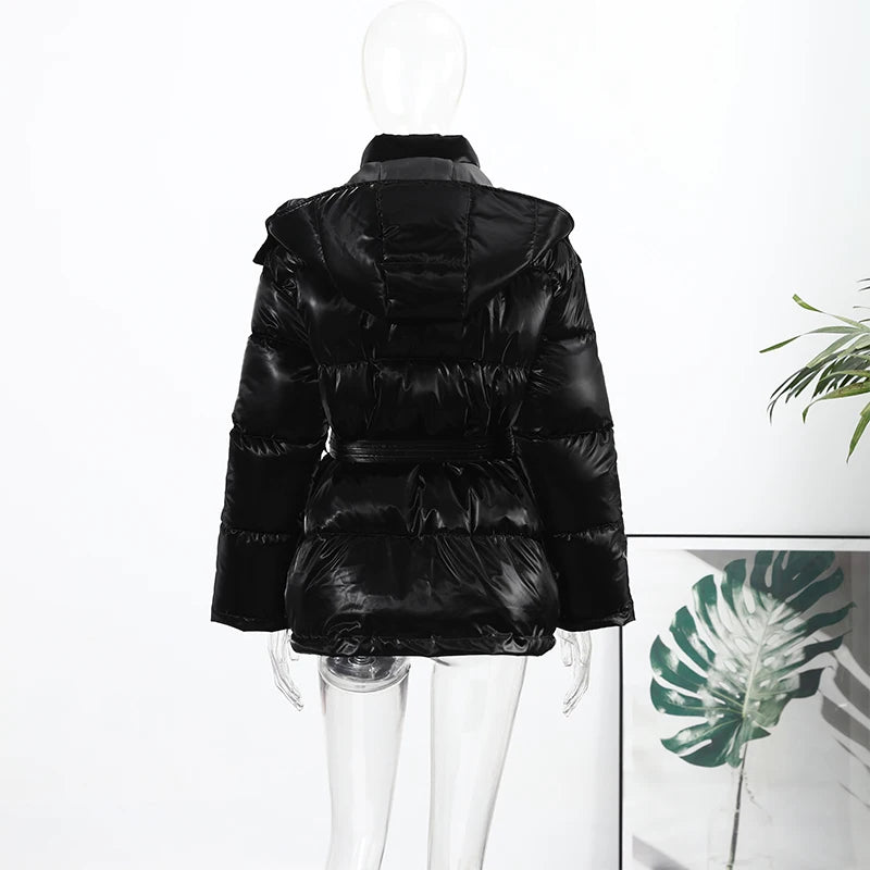 The Glossy Hooded Belted Puffer