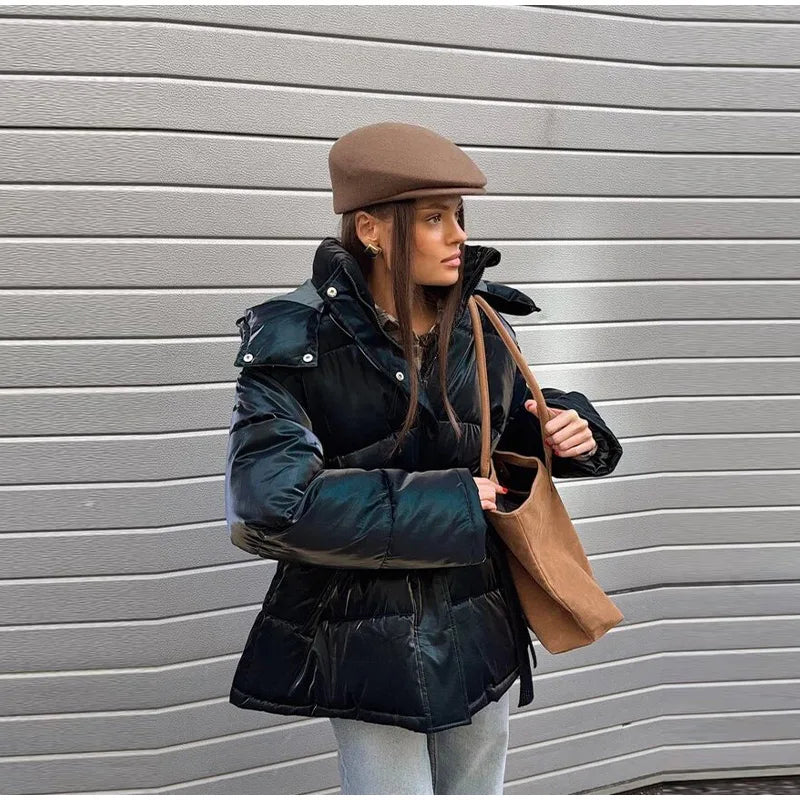 The Glossy Hooded Belted Puffer