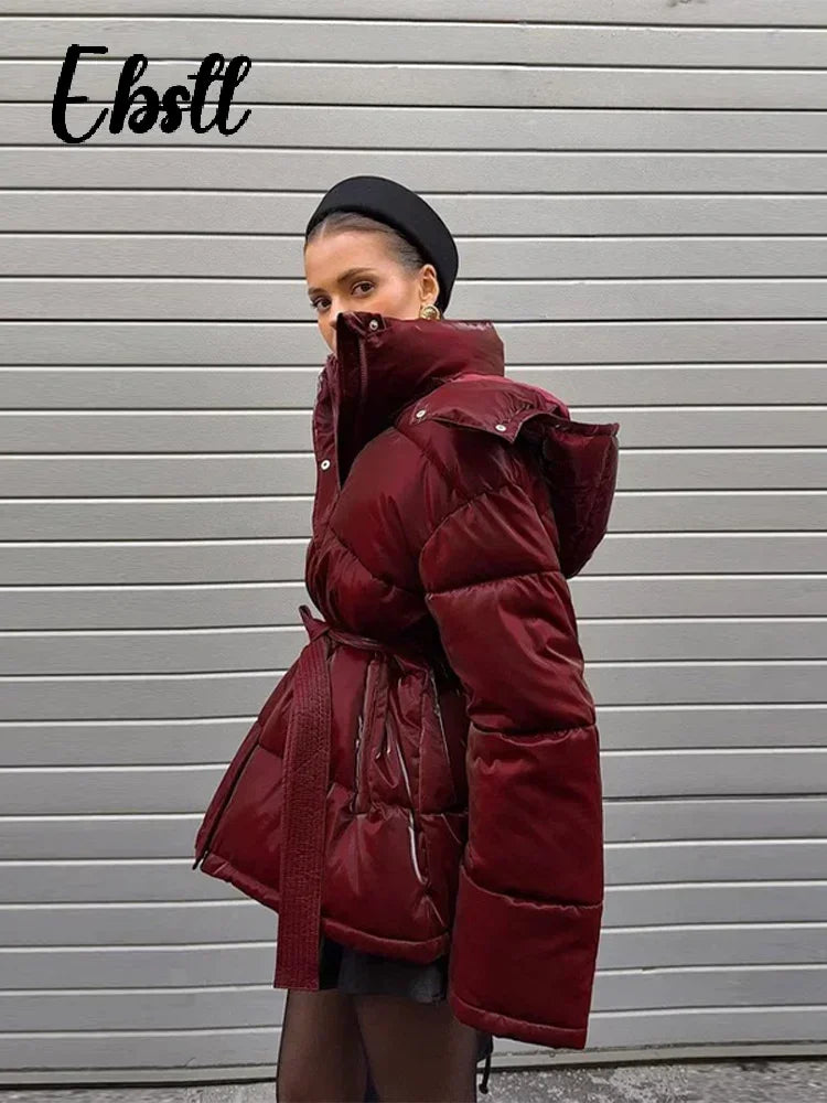 The Glossy Hooded Belted Puffer