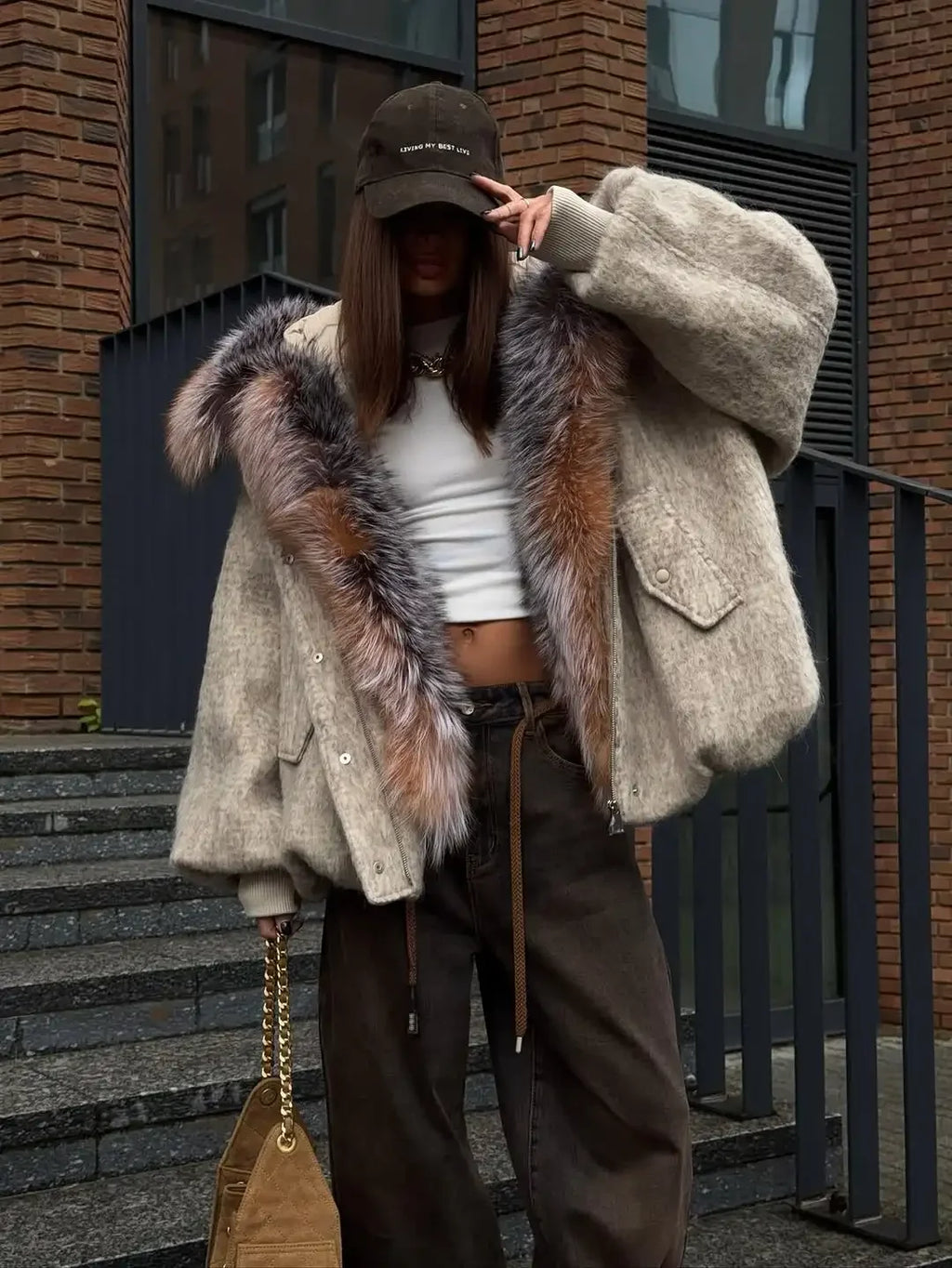 The Cruelty-Free Fur Trim Patchwork Coat
