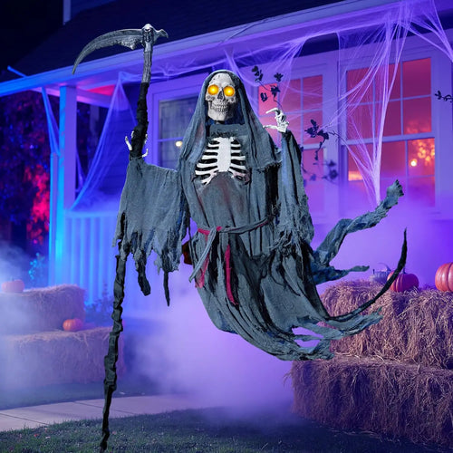 6 ft animated flying grim reaper Halloween decoration with glowing LED eyes and spooky sound effects