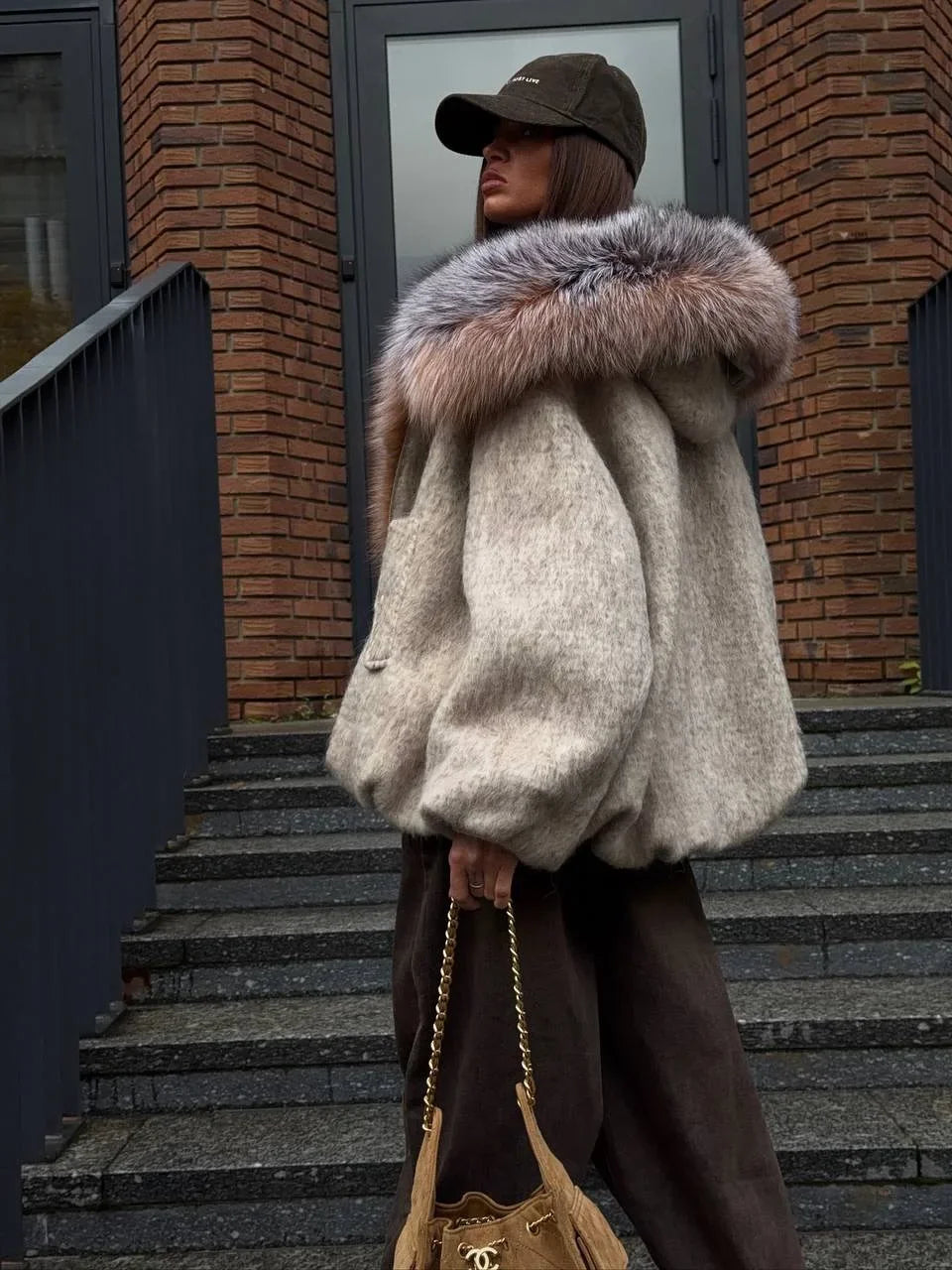 The Cruelty-Free Fur Trim Patchwork Coat