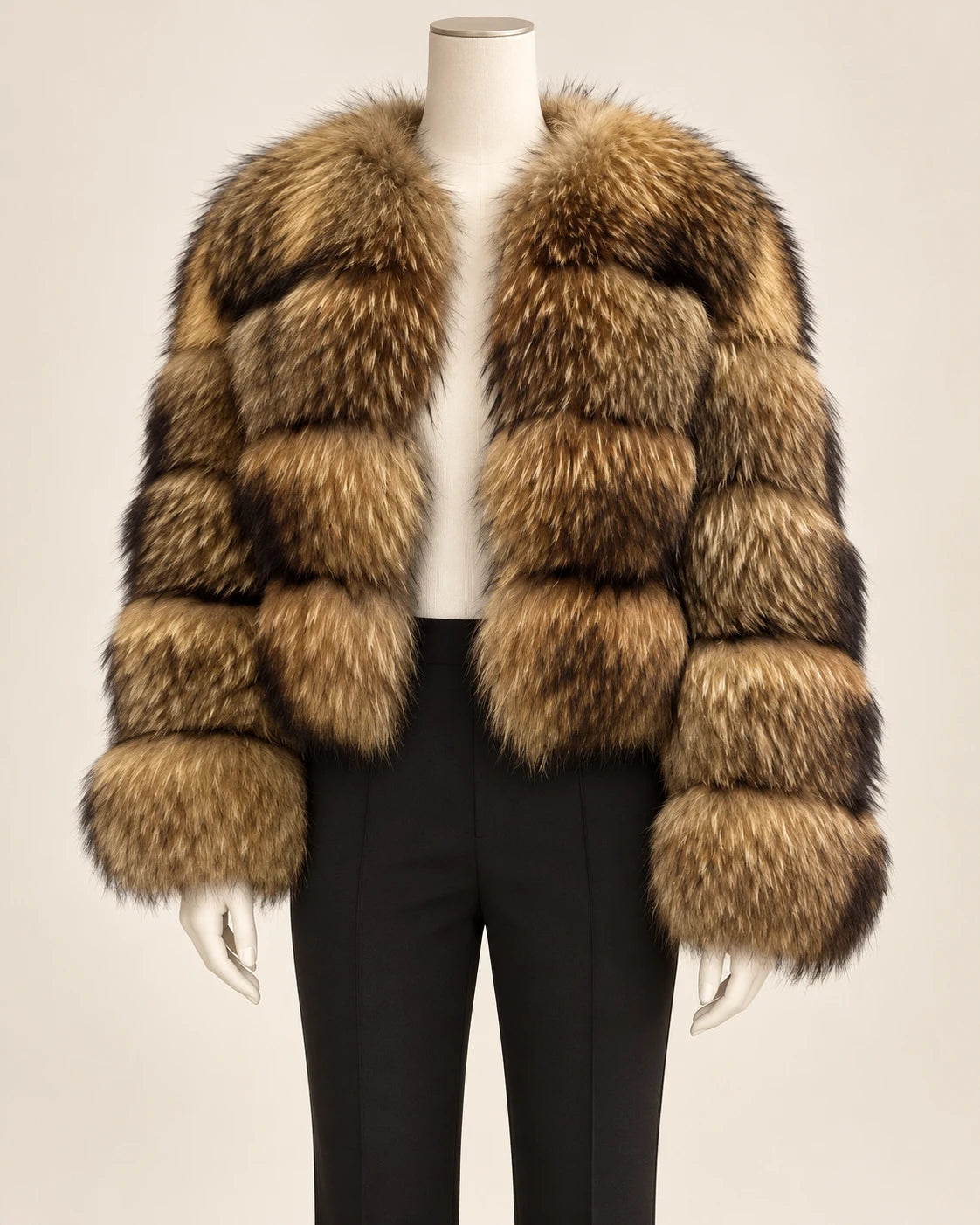 The Asiatic Raccoon Fur Coat — Natural, collared studio view