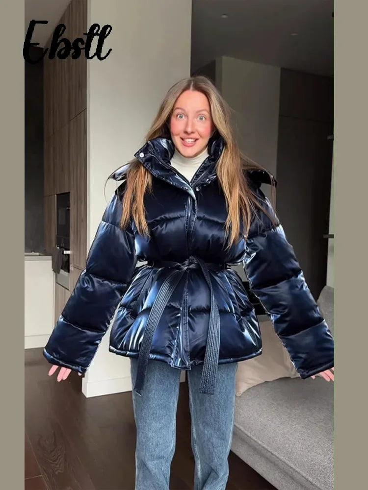 The Glossy Hooded Belted Puffer