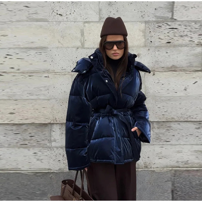 The Glossy Hooded Belted Puffer