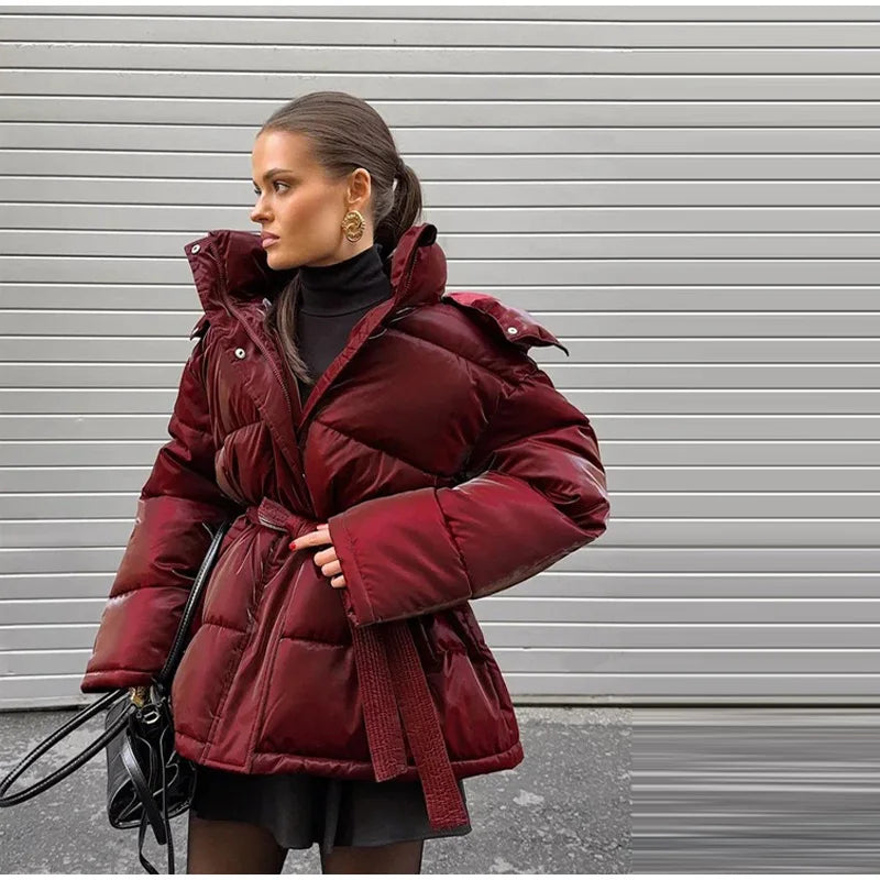 The Glossy Hooded Belted Puffer