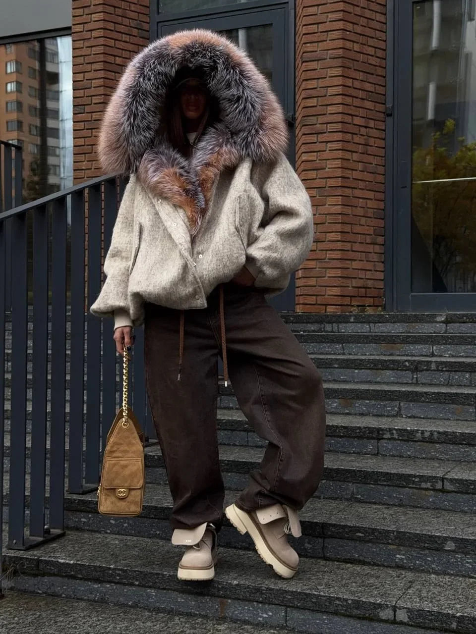 The Cruelty-Free Fur Trim Patchwork Coat