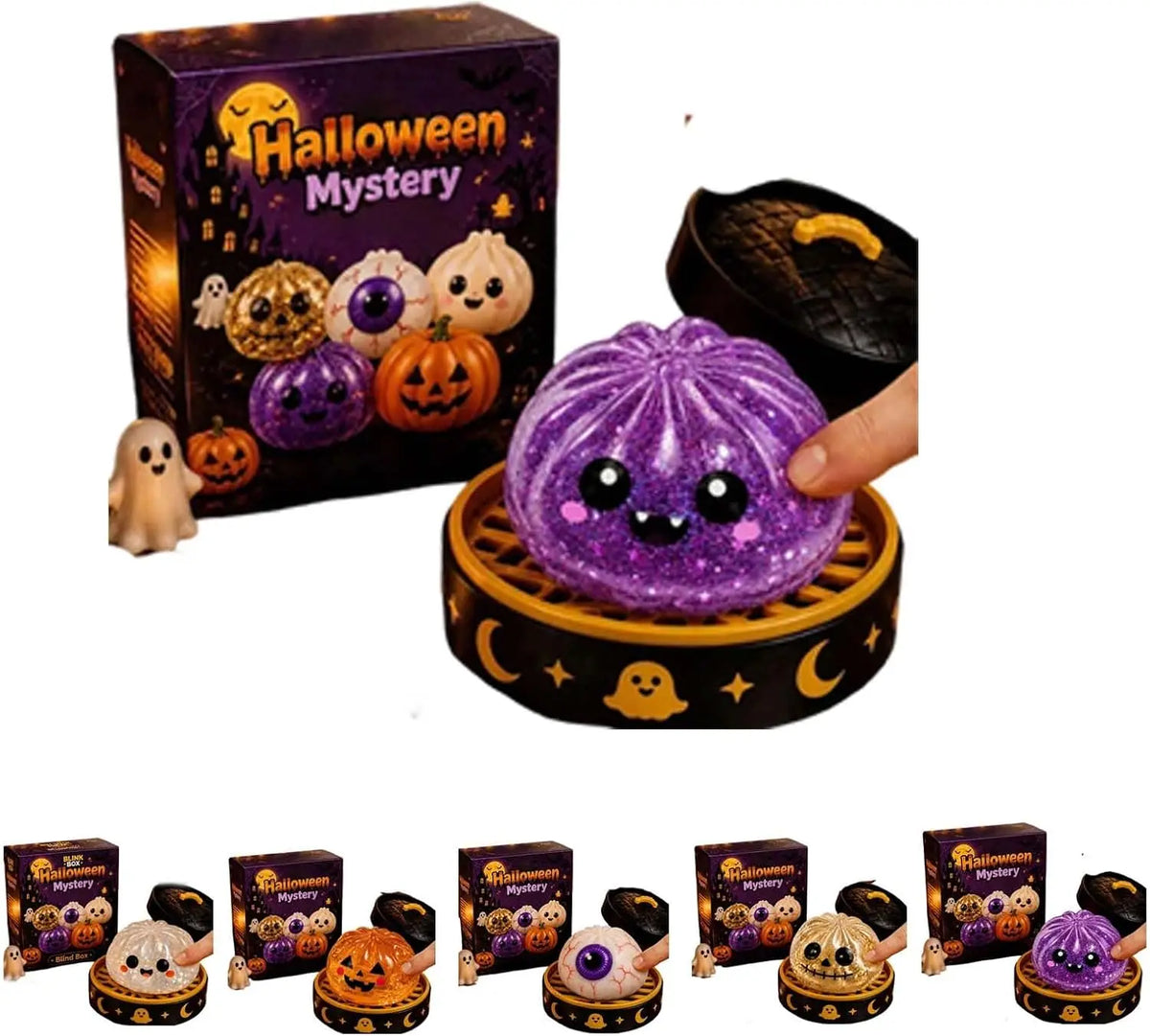 Halloween dumpling squishy toy in assorted spooky designs and sizes for stress relief