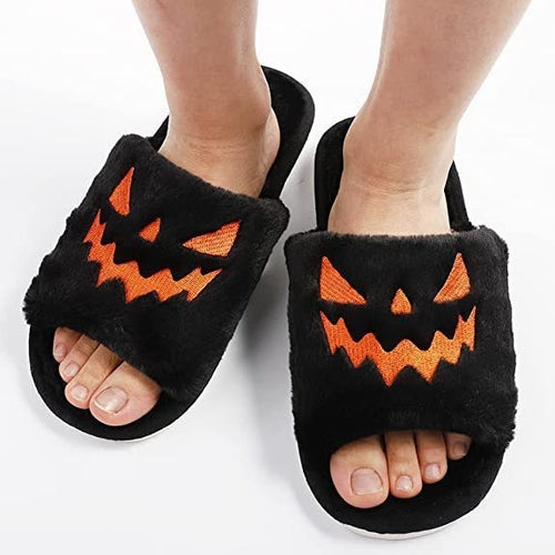 Jack-o'-Lantern Halloween Slippers — Cozy Plush Open-Toe Slides for Women