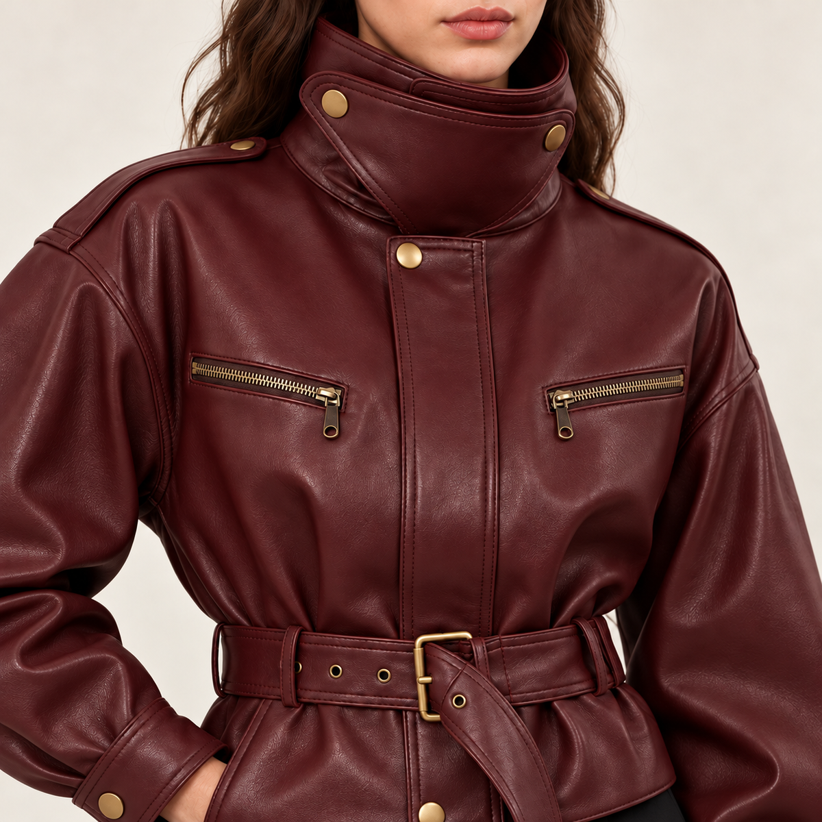 Burgundy Cinched-Waist Jacket chest pockets and belt detail