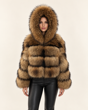 The Hooded Asiatic Raccoon Fur Coat in Natural, hooded — front view
