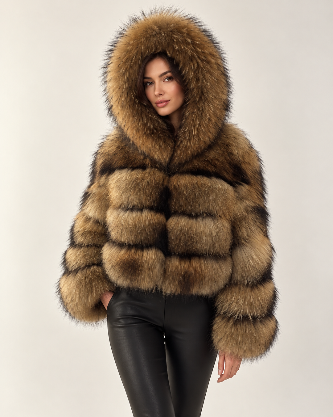 The Hooded Asiatic Raccoon Fur Coat in Natural, hooded — three quarter view