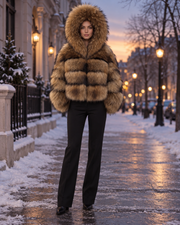 The Hooded Asiatic Raccoon Fur Coat in Natural, hooded — city view