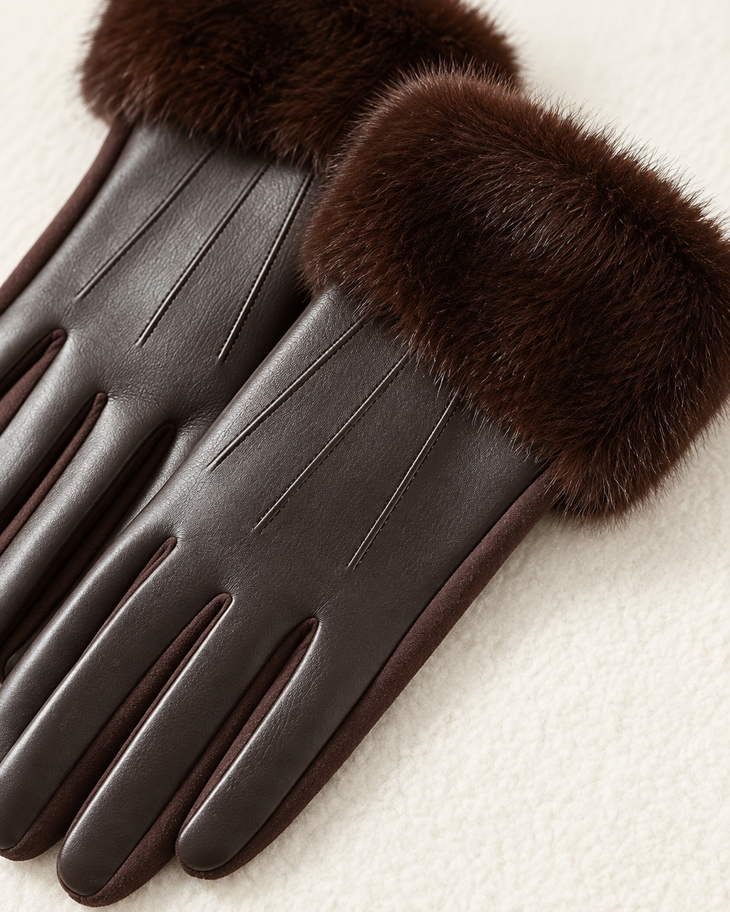 The Cruelty-Free Leather Gloves with Fur Cuff in Brown — detail view
