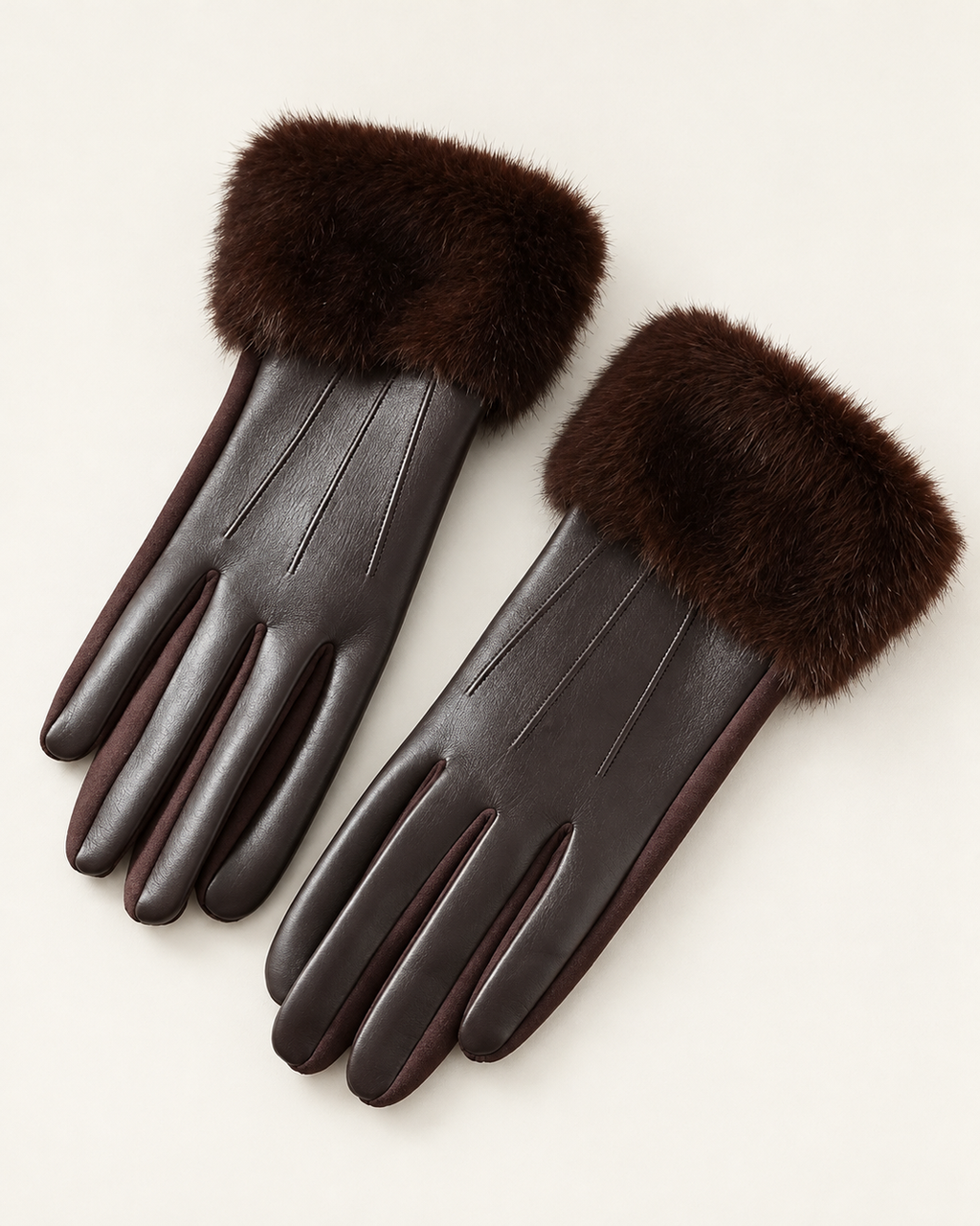 The Cruelty-Free Leather Gloves with Fur Cuff in Brown — flat lay view
