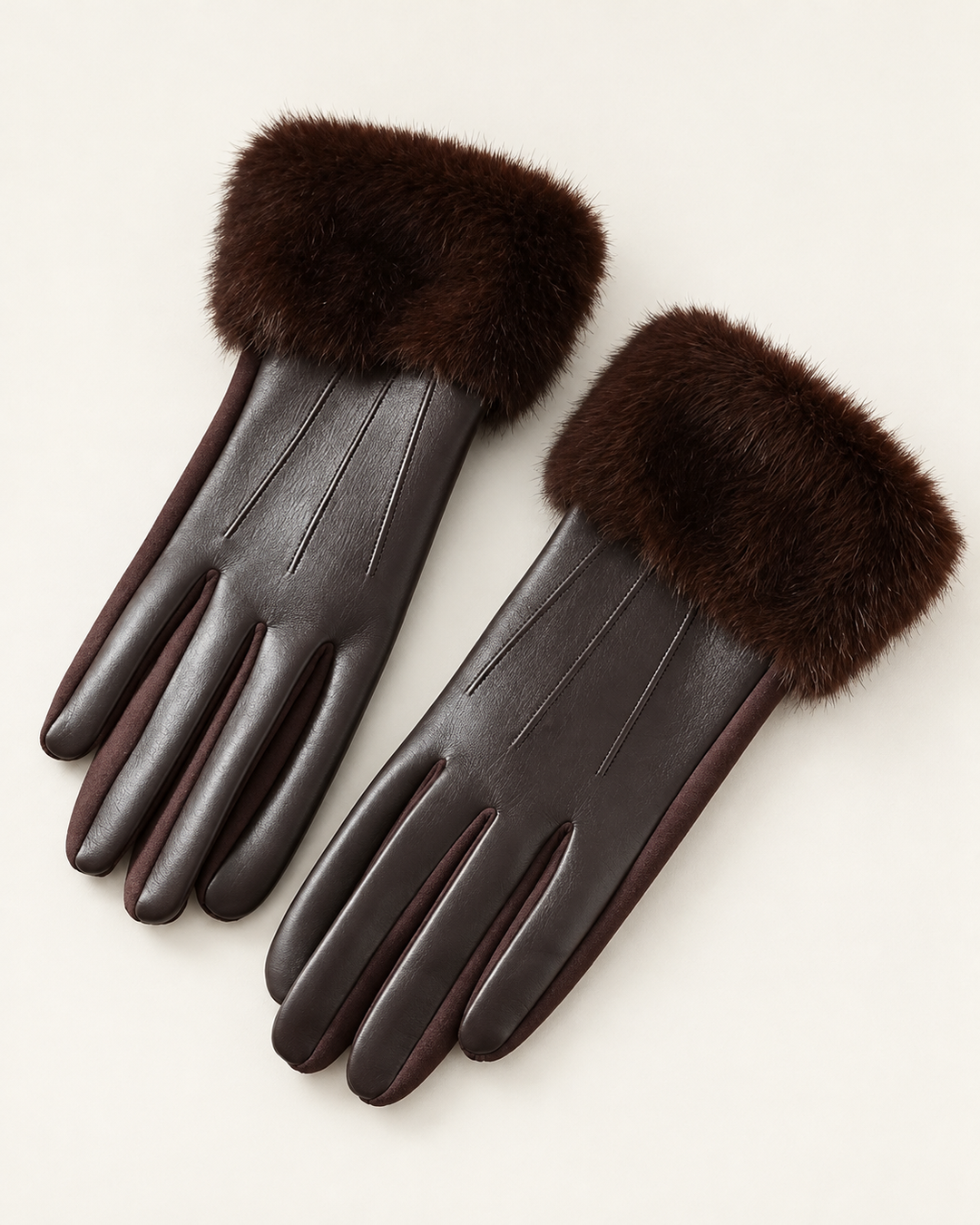 The Cruelty-Free Leather Gloves with Fur Cuff in Brown — flat lay view