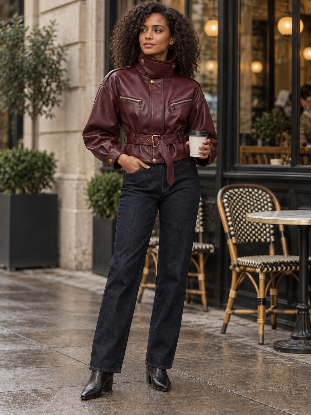 The Burgundy Cinched-Waist Jacket — Coffee break