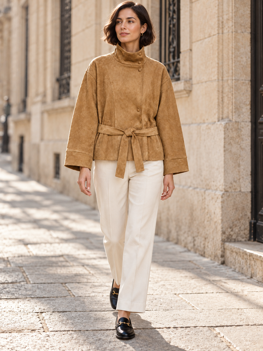 The Tie-Waist Cruelty-Free Suede Jacket — City morning