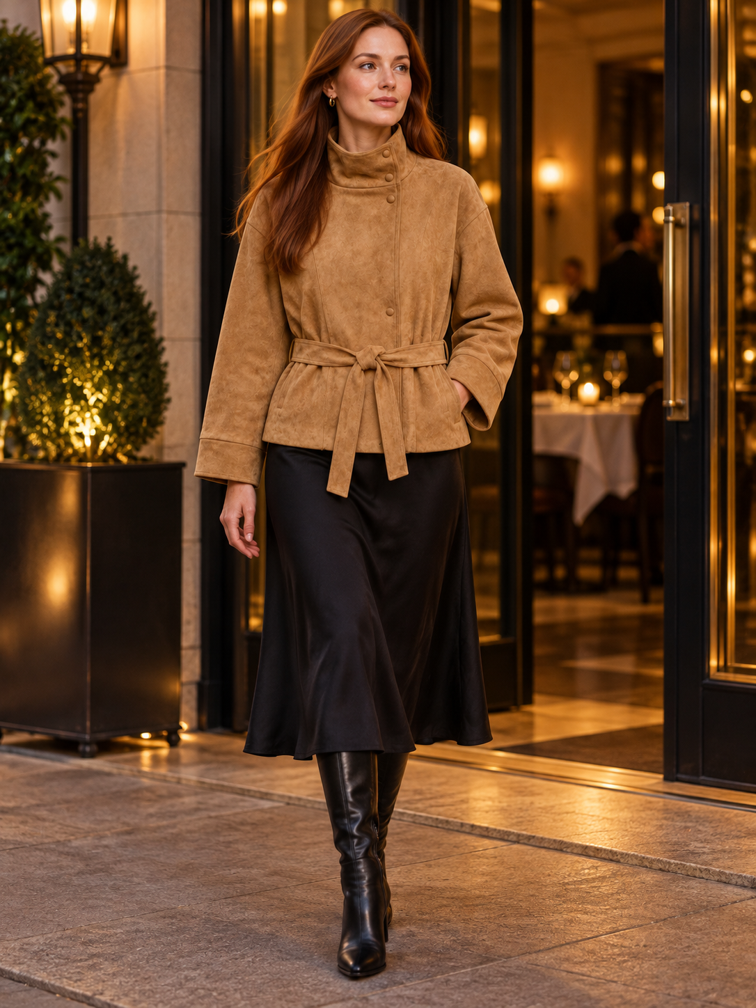 The Tie-Waist Cruelty-Free Suede Jacket — Evening plans