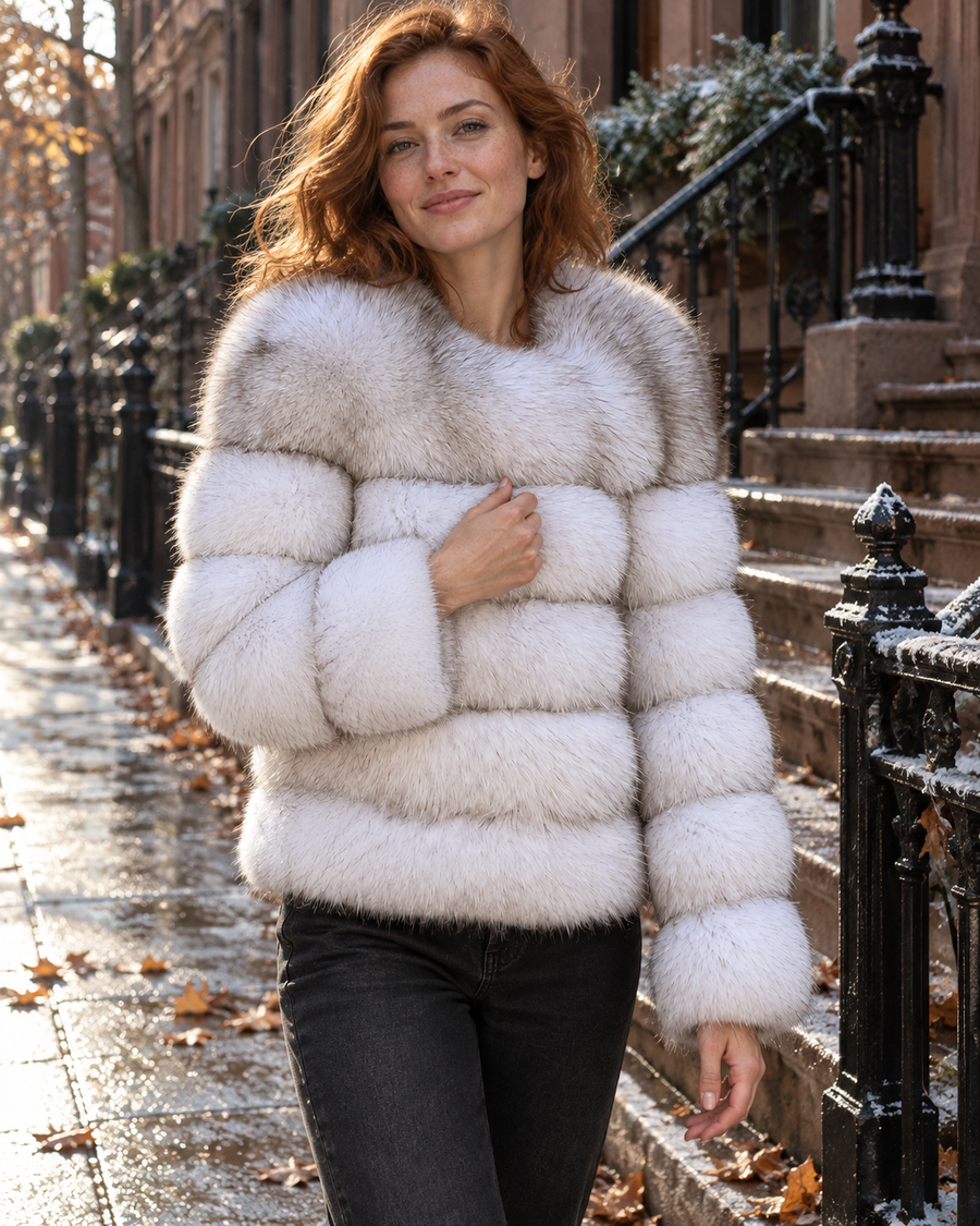 The Fox Fur Jacket in Natural White, styled on a brownstone street