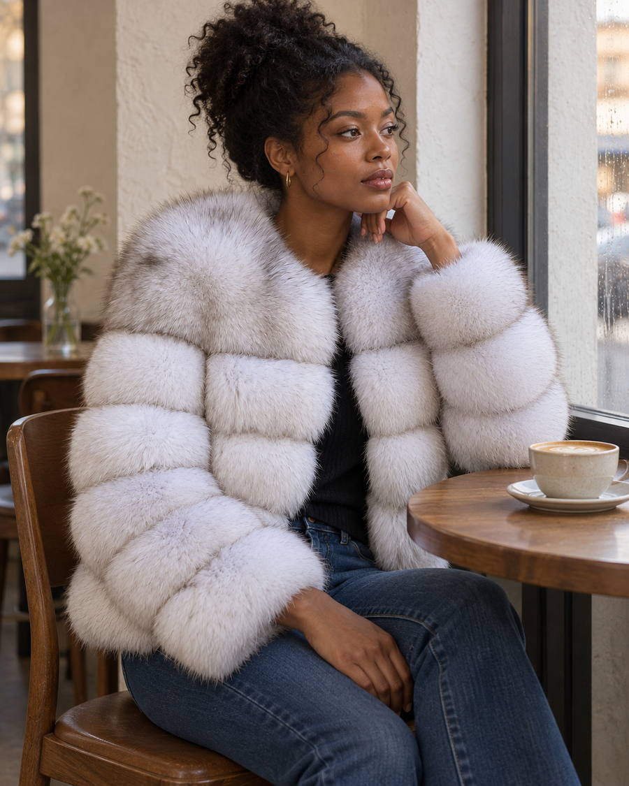 Natural White Fox Fur Jacket — cafe styling