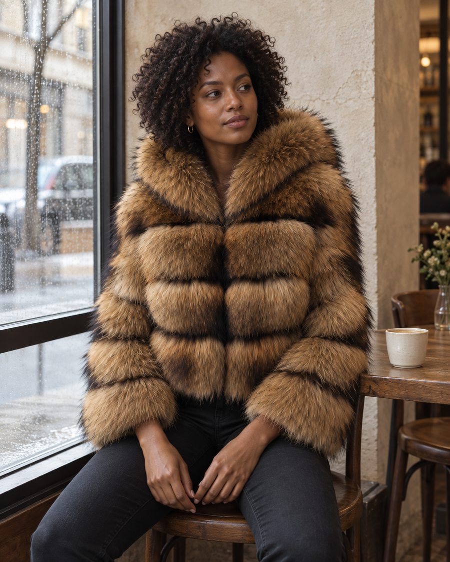Natural hooded Asiatic Raccoon Fur Coat — cafe styling