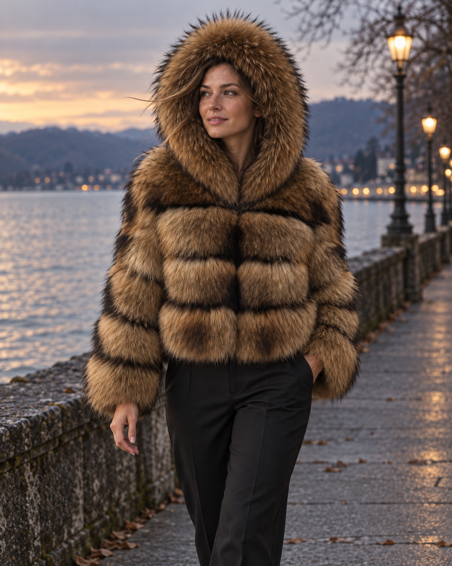 Natural hooded Asiatic Raccoon Fur Coat — lakefront styling