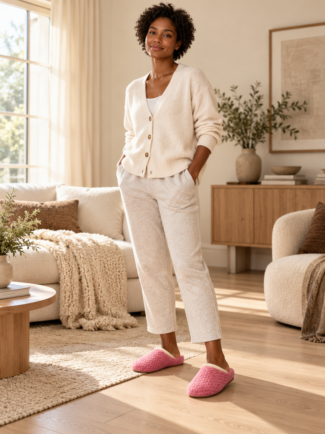 The Cloud Slide — A cream cardigan and relaxed trousers.