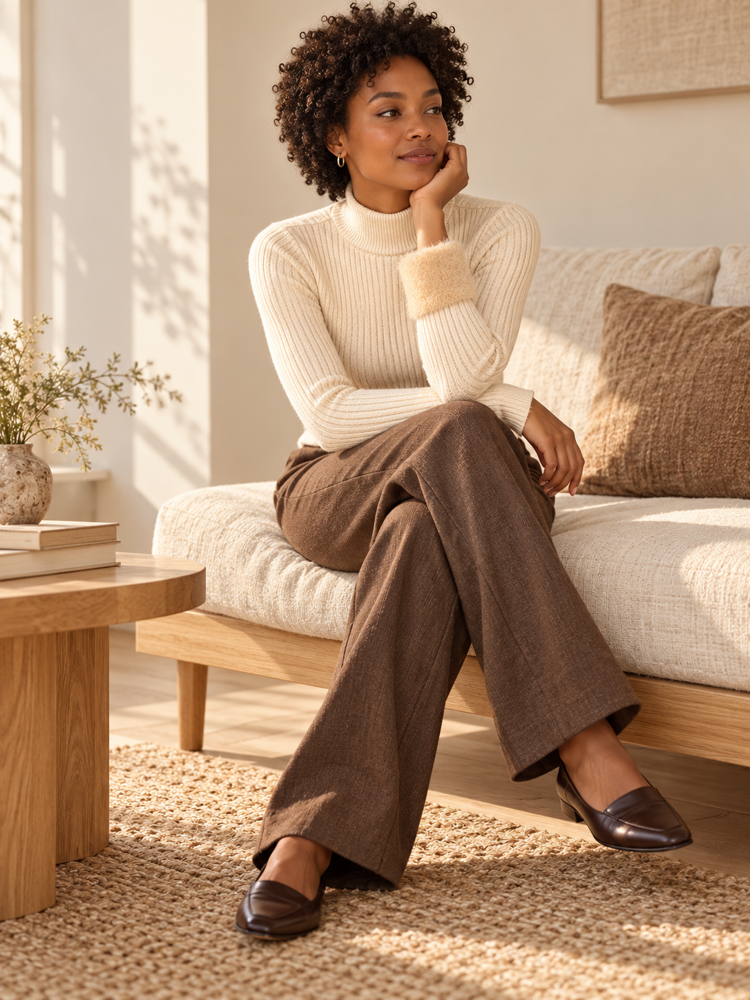 The Lined Knit Turtleneck — Cream ribbing with tailored brown trousers.