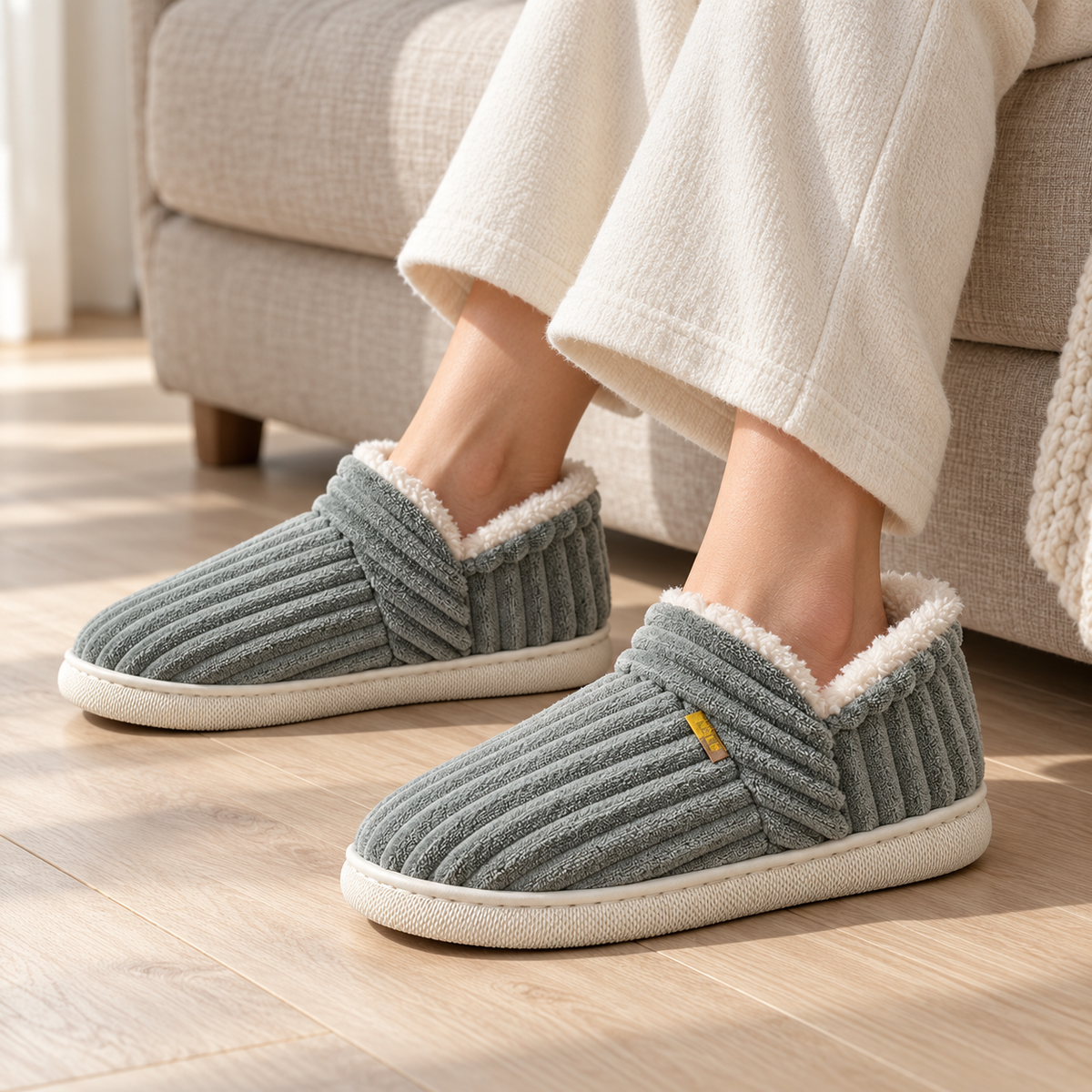 Grey ribbed slipper booties with plush lining, worn with ivory trousers