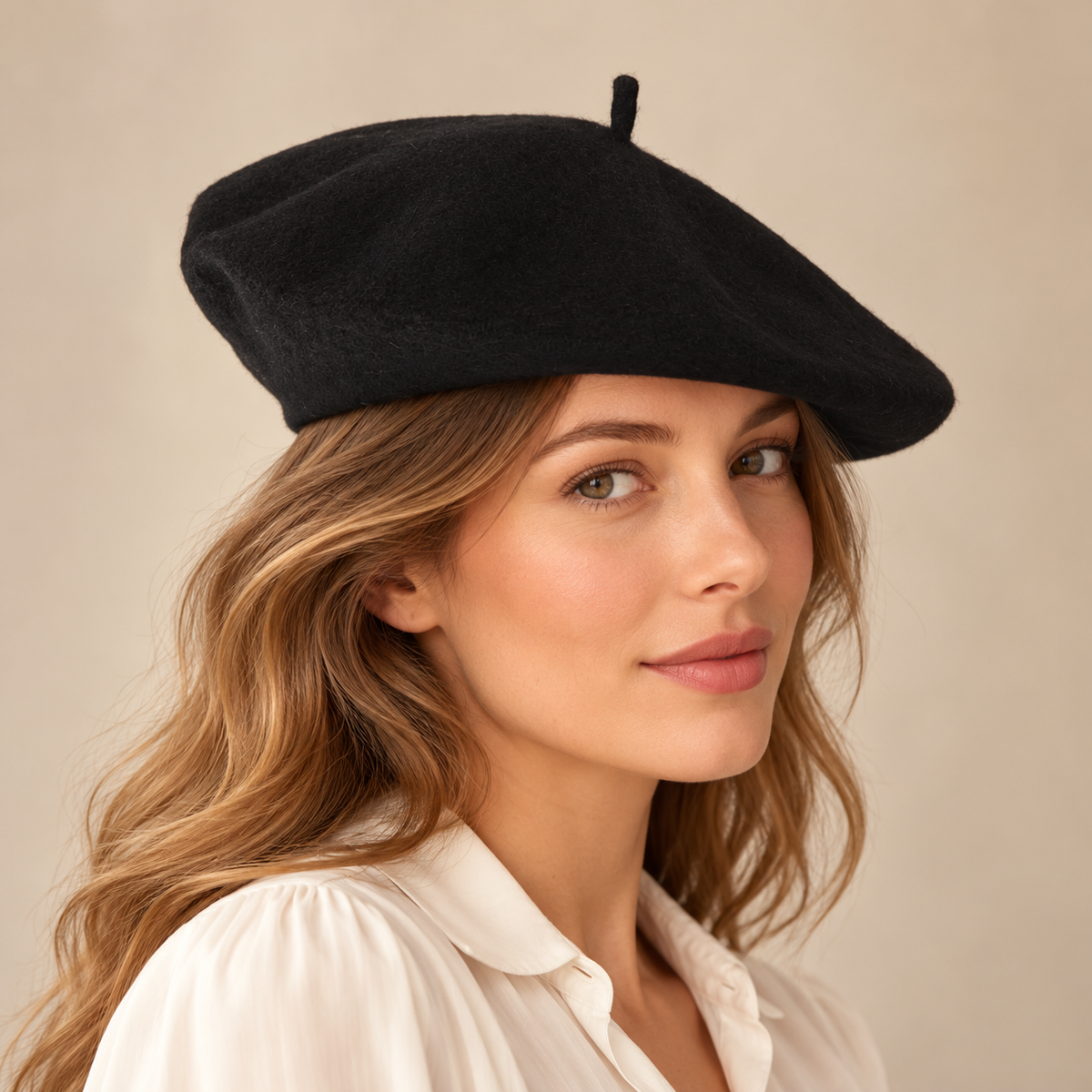 Black French beret worn by a model