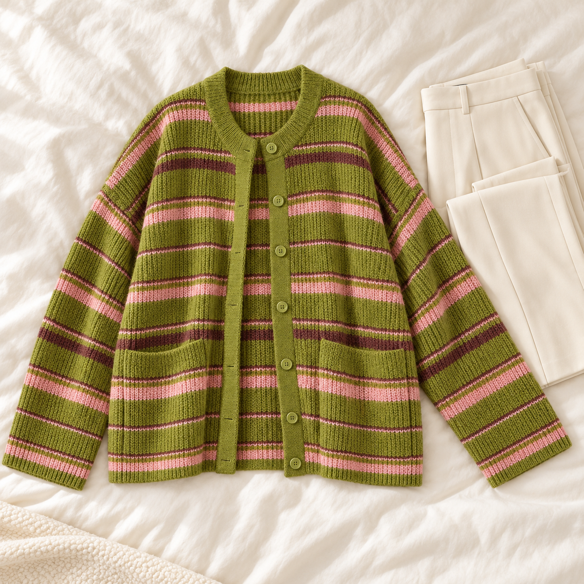 The Striped Boyfriend Cardigan — styled view; accessories not included