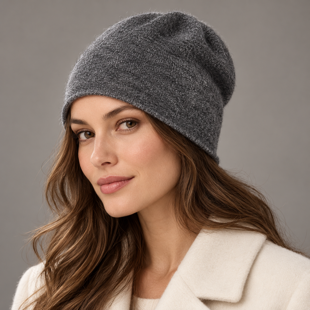 Charcoal fine-knit beanie worn by a model