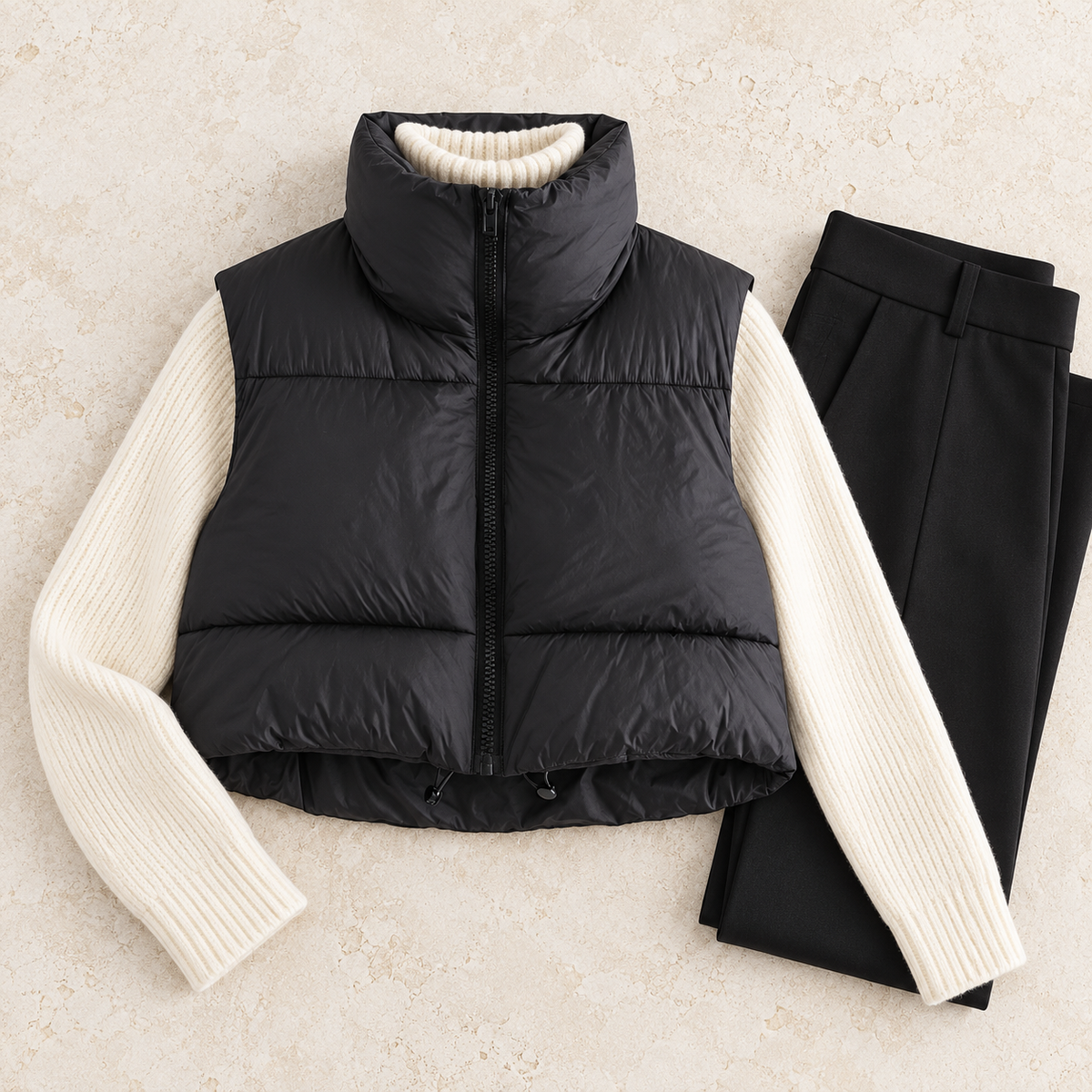 The Cropped Quilted Vest — styled view; accessories not included