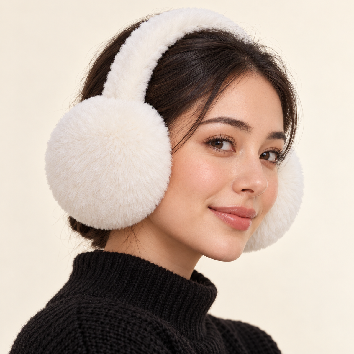 White plush earmuffs worn by a model