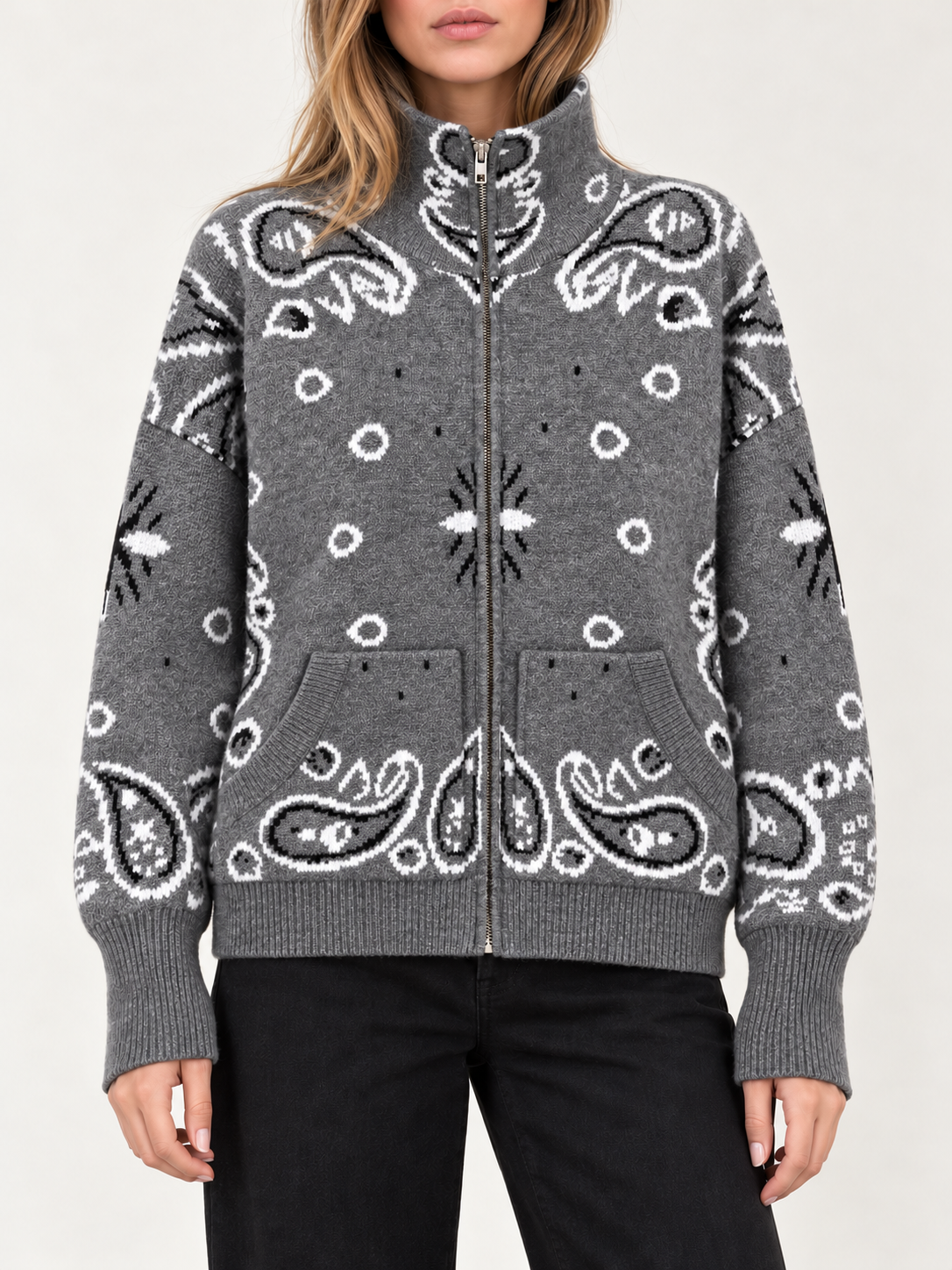 Grey jacquard zip cardigan with pockets, worn by a model