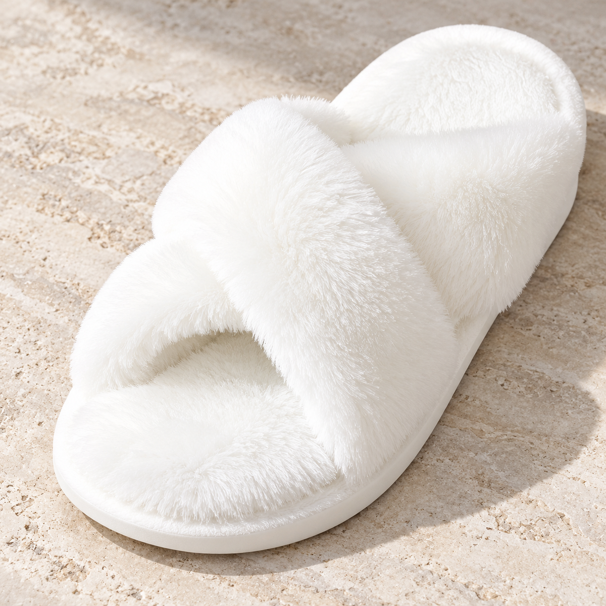 The Fluffy Cross-Strap Slides — detail view