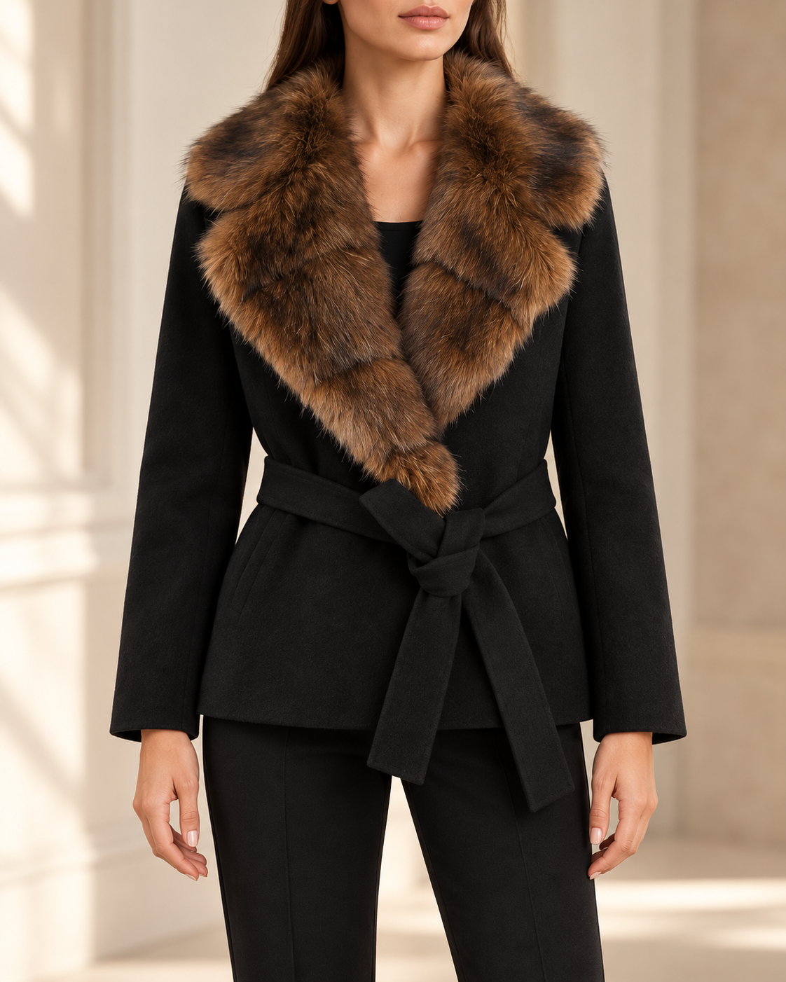 The Belted Cruelty-Free Fur Shawl Coat — construction detail