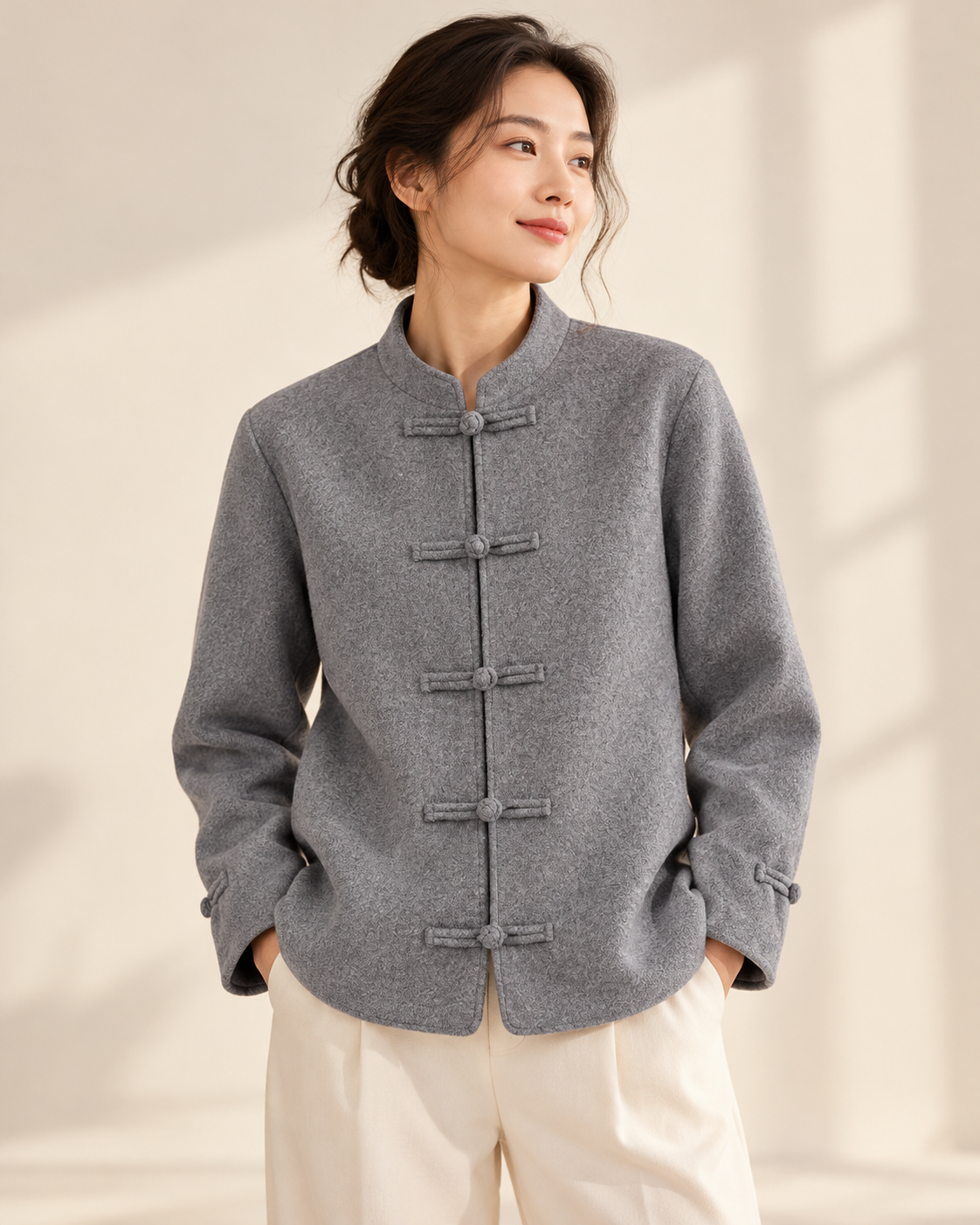 The Frog-Button Mandarin Jacket — editorial styling