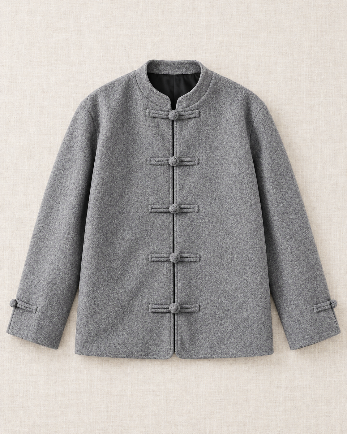 Grey Frog-Button Mandarin Jacket — five closures and cuff detail