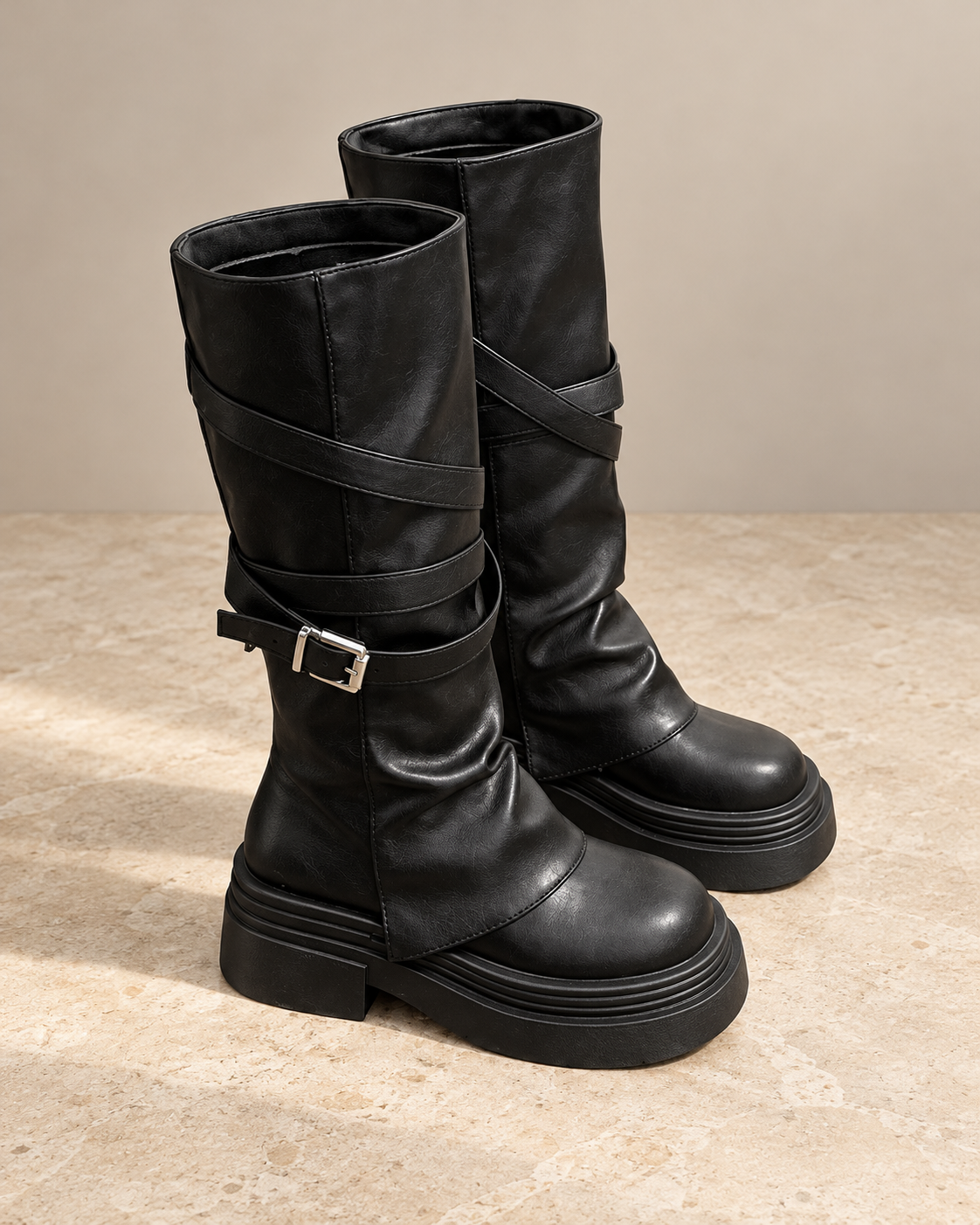 Thick-Heel Knee-High Riding Boots — black — Aurelle Row